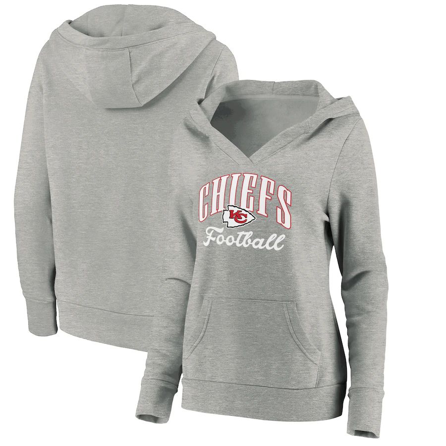 Women Kansas City Chiefs Fanatics Branded Heathered Gray Victory Script V-Neck Pullover Hoodie
